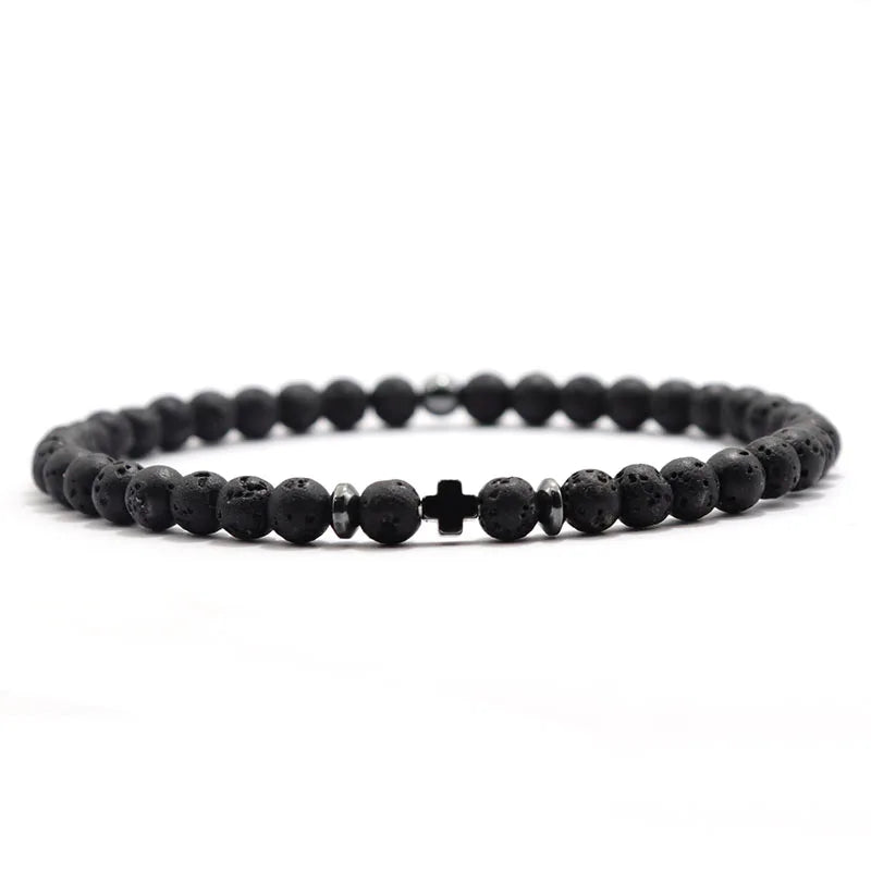 luckacco new fashion cross bracelet for men 4mm small beads strand braslet natural red howlite lava stone braclet hematite healing joias