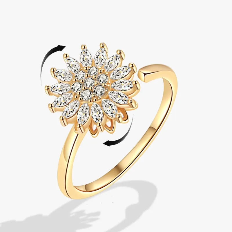 luckacco fashion fidget spinner ring anxiety for women multiple crystal sunflower finger rings rotate anti stress jewelry wedding gift