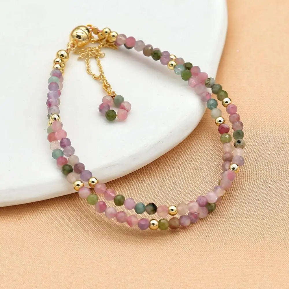 luckacco 3mm tourmaline bracelets double layered bohemian colorful crystal beaded bracelet handmade women pulseira fashion jewelry