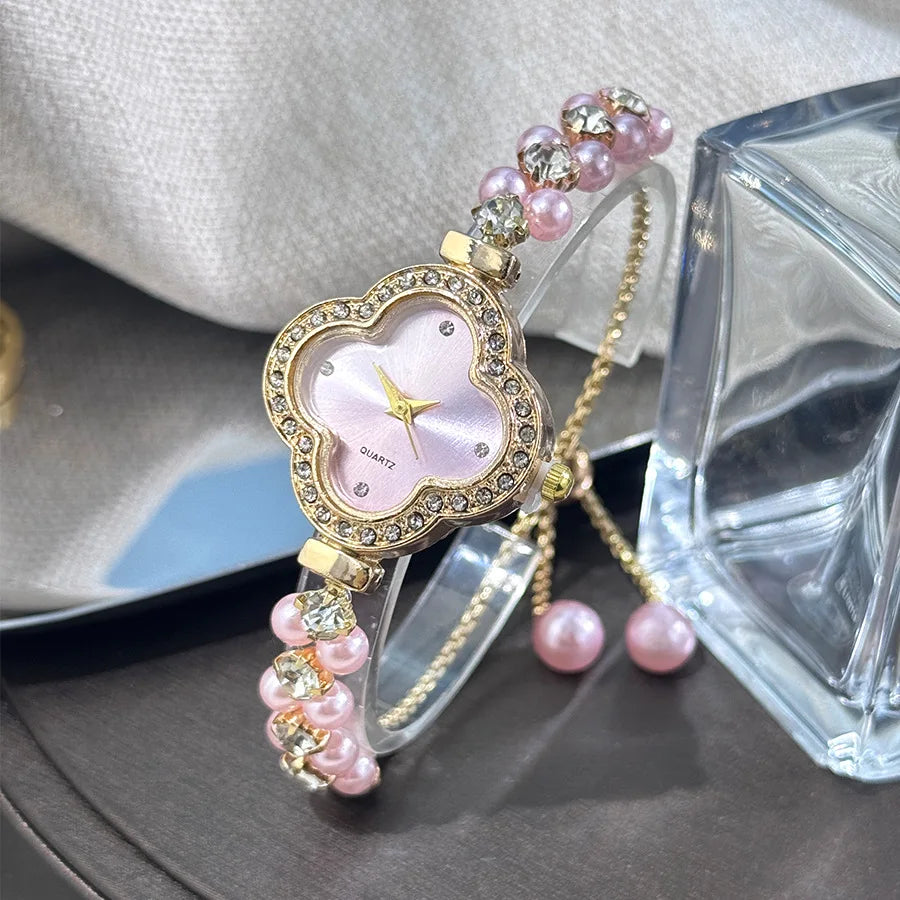 luckacco diamond set color light luxury drawstring watch exquisite small pearl clover drawstring style quartz women's watch