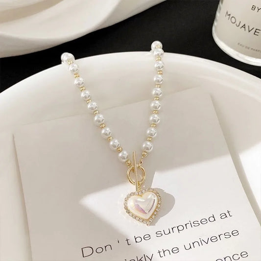 Luckacco Korean Elegant Pearl Beads Necklace for Women Fashion Rhinestone Shell Heart Pendant Necklace Girl Charms Vintage Choker Jewelry