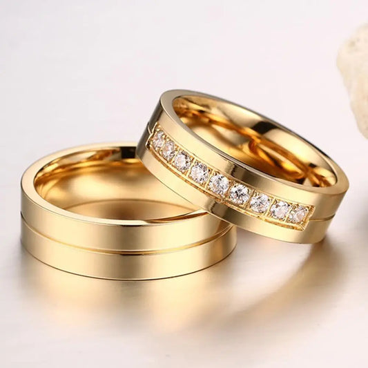 Luckacco Fashion Women Men Couples AAA CZ Stainless Steel 18K Gold Plated Cubic Zirconia Wedding Band Ring 1pc