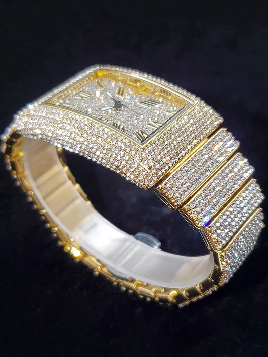 Luckacco Gold Men's Watches Rectangle Dial Luxury Diamond Fashion Big Wristwatches Luminous Point Iced Quartz Watch For Men