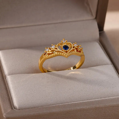 Luckacco Blue Zircon Crown Rings For Women Stainless Steel Adjustable Crown Ring 2023 Trend Design Female Wedding Jewerly