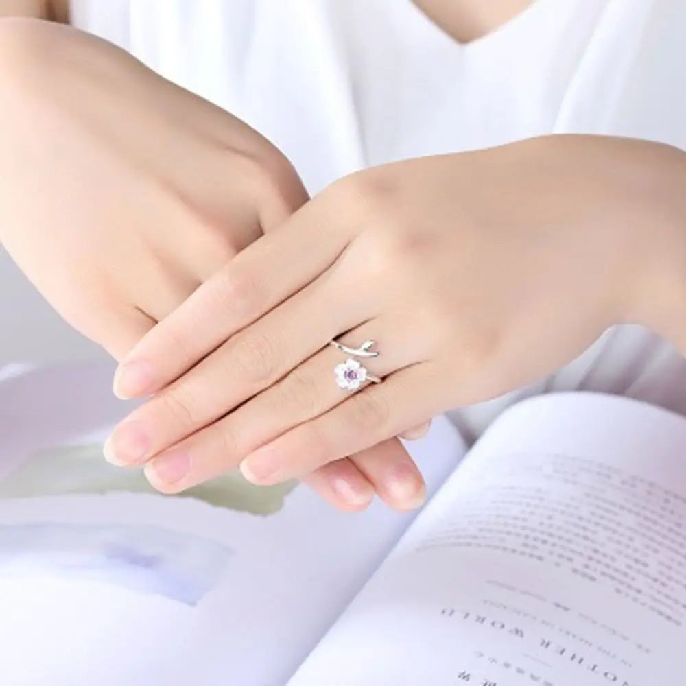 luckacco light luxury open finger ring temperament adjustable cherry blossom cuff ring pink rhinestone elegant daily jewelry female
