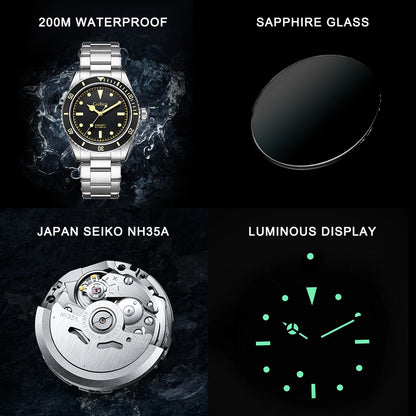 Luckacco CADISEN Luxury Men Watch 38mm Diver Vintage Automatic Business Wristwatches NH35 Mechanical Sapphire 20 Bar Mens Retro Clock