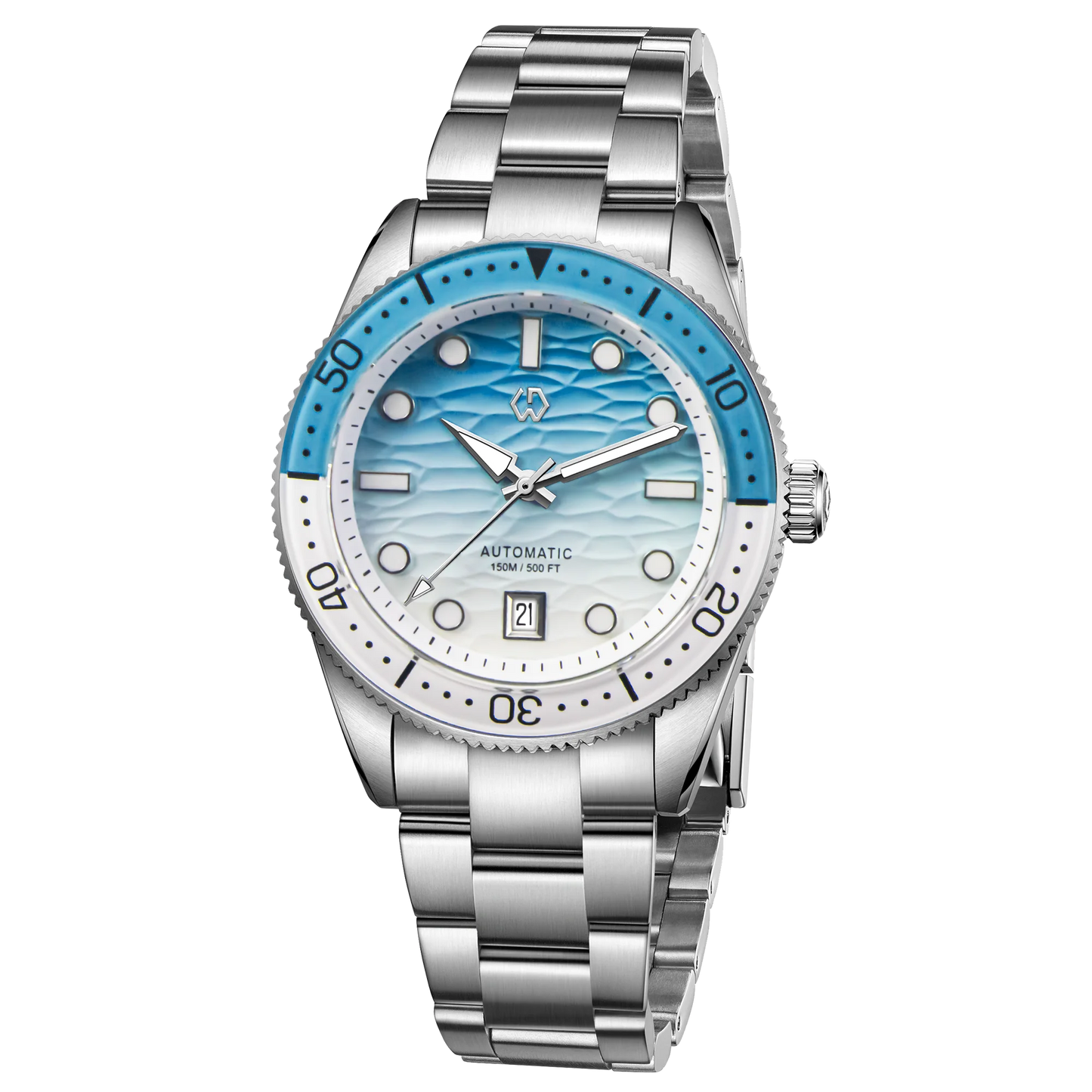 luckacco wishdoit men's automatic dive watch with ocean blue and white ripple dial 8215 movement sapphire glass mirror