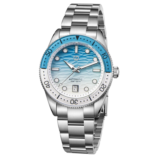 Luckacco WISHDOIT Men's Automatic Dive Watch With Ocean Blue And White Ripple Dial 8215 Movement Sapphire Glass Mirror
