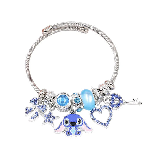 Luckacco Disney Cartoon Cute Crystal Stitch Heart Bowknot Charms Bracelets for Women Girls Stainless Steel Bangle Jewelry Gifts for Fans