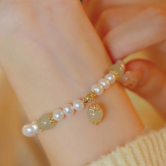 Luckacco Pearl Hotan Jade Female Beads High Quality Near Round Natural Freshwater Chain Bracelet Jewelry For Women Birthday Gifts
