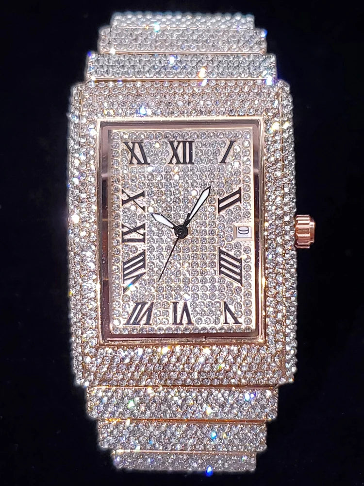 luckacco gold men's watches rectangle dial luxury diamond fashion big wristwatches luminous point iced quartz watch for men