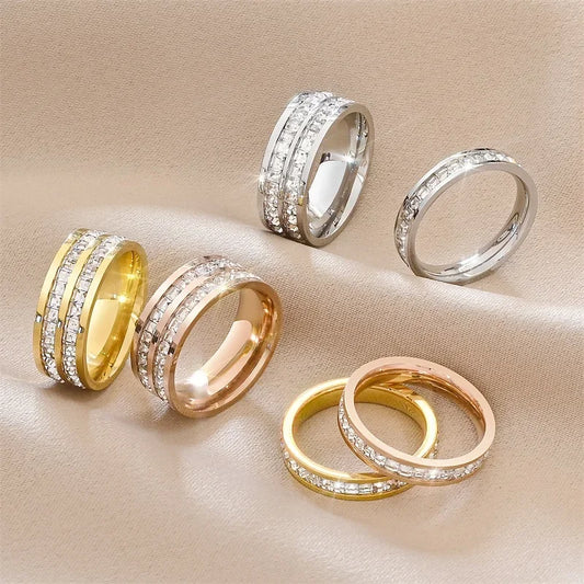 Luckacco 1 and 2 Rows Stones Ring for Women Quality Silver Rose Gold Color Stainless Steel Wedding Ring