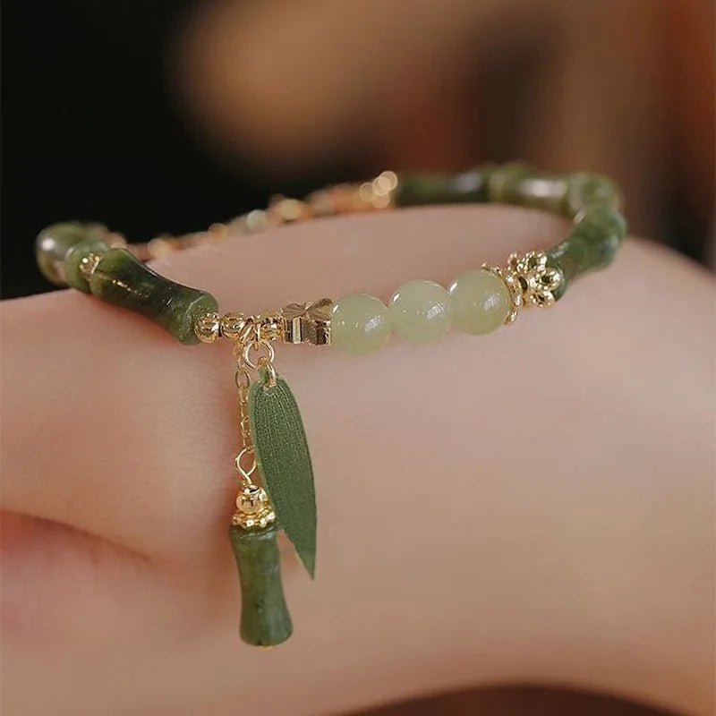 luckacco handmade green bamboo joint beaded bracelet for women leaves tassel flower bracelets bangles girls party charm jewelry gifts