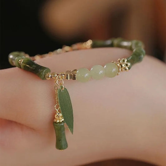 Luckacco Handmade Green Bamboo Joint Beaded Bracelet for Women Leaves Tassel Flower Bracelets Bangles Girls Party Charm Jewelry Gifts