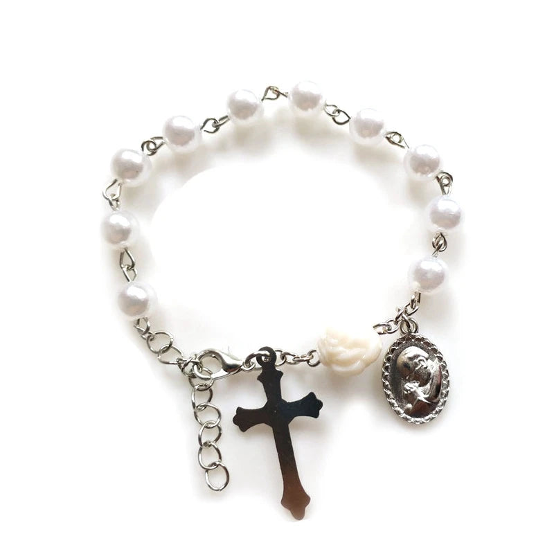 luckacco qigo imitatial pearl bracelets acrylic beads rose cross strand jewelry white pink