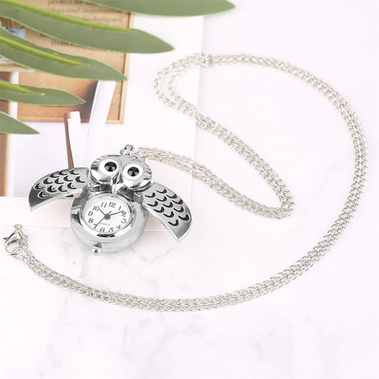 Luckacco Tiny Cute Owl Shaped Pendant Necklace Pocket Watch for Kid Men Women Retro Quartz Pocket Clock Gifts Arabic Numerals Dial