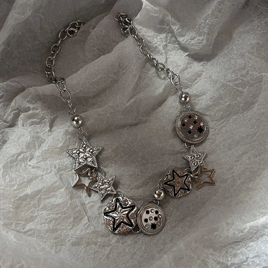 Luckacco Punk Retro Button Star Pendant Necklace Trendy Delicate Silver Color Unisex Choker Personalised Luxury Jewelry for Women