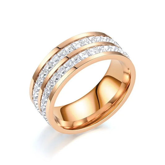 Luckacco 1 and 2 Rows Stones Ring for Women Quality Silver Rose Gold Color Stainless Steel Wedding Ring