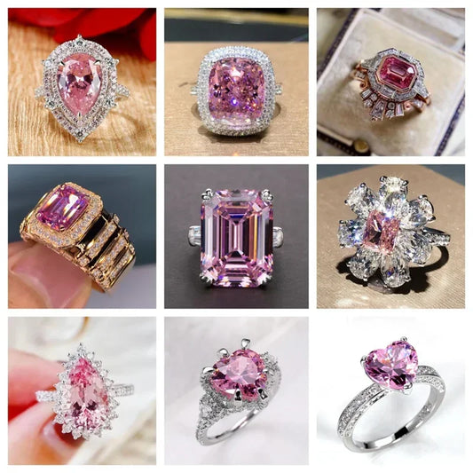 Luckacco Style Pink Sparkling Zircon Princess Square Engagement Ring for Ladies and Girlfriends Luxury Proposal  Gift Fashion Jewelry