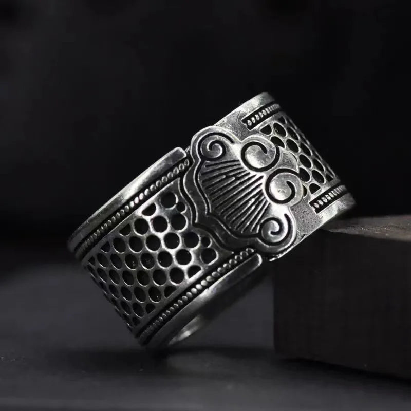 luckacco retro auspicious cloud xiangyun wide ring thimble good fortune adjustable ring handmade unisex designer jewelry accessories gift