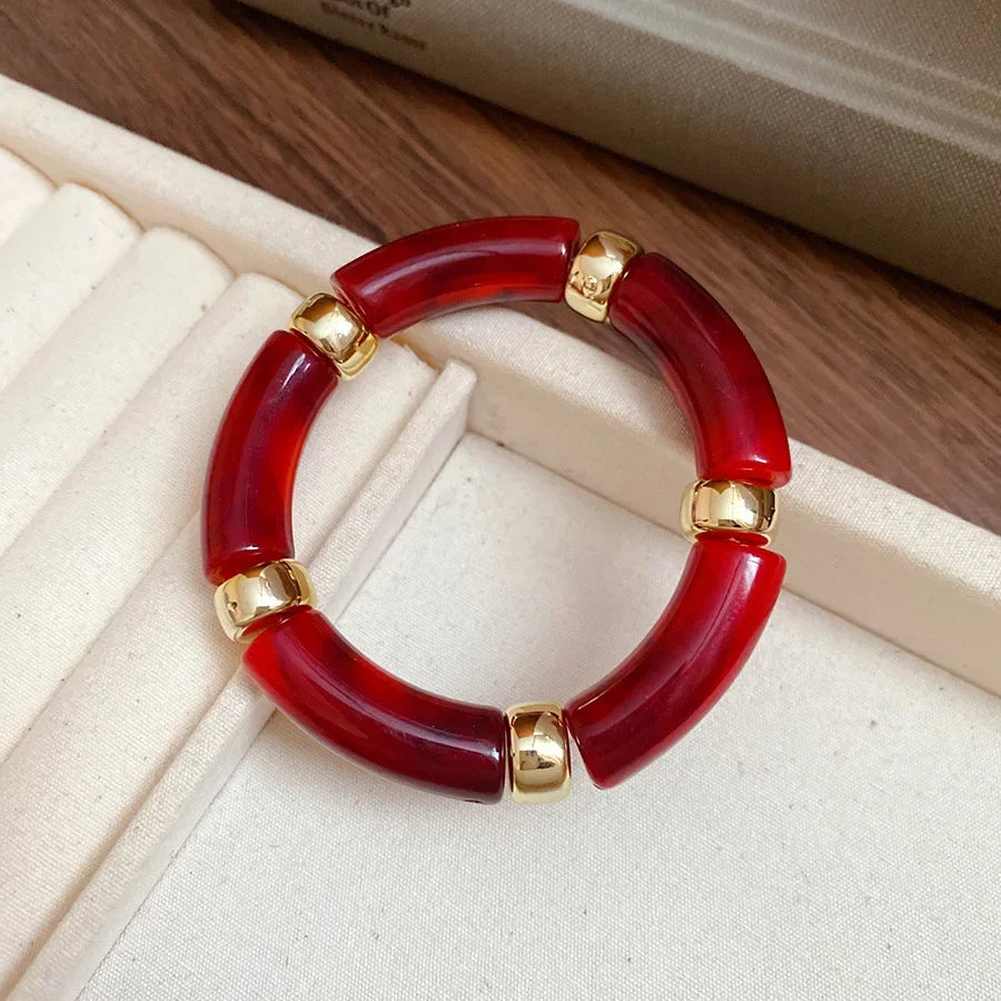 luckacco splicing bamboo tube acrylic smudging bangles for women men fashion geometric elastic bracelets bangles jewelry couple gifts f