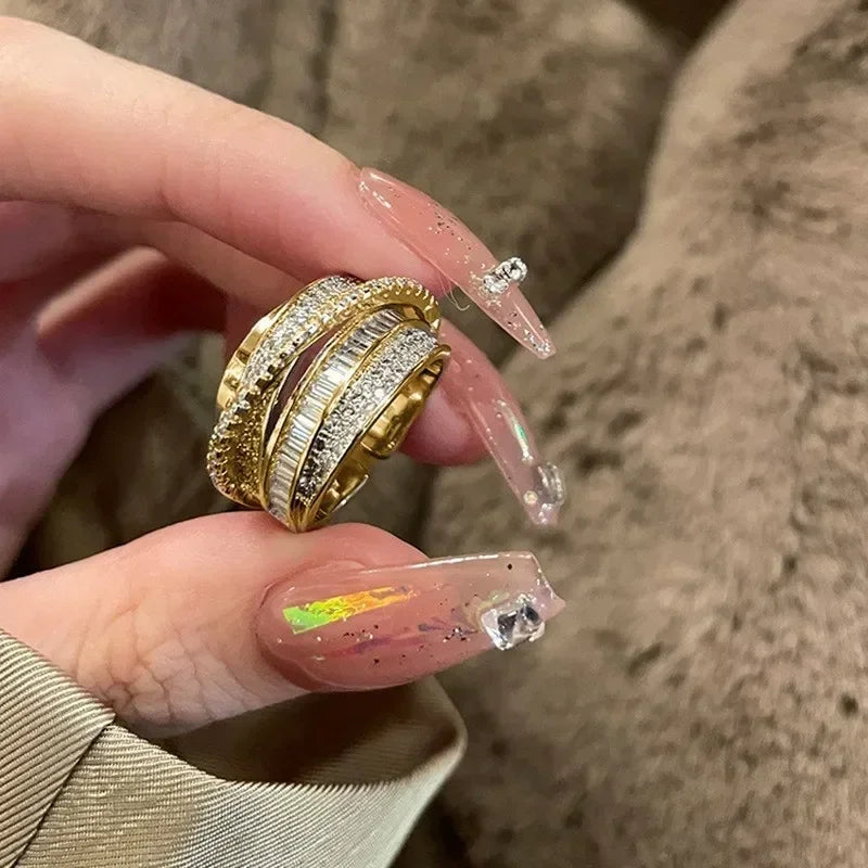 luckacco korea new fashion jewelry exquisite silver color zircon ring elegant women's opening adjustable wedding gift luxury accessory