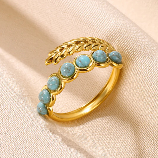 Luckacco Vintage Turquoise Wide Ring for Women Gold Color Stainless Steel Wheat Ear Adjustable Open Ring Fashion Party Jewelry Gift