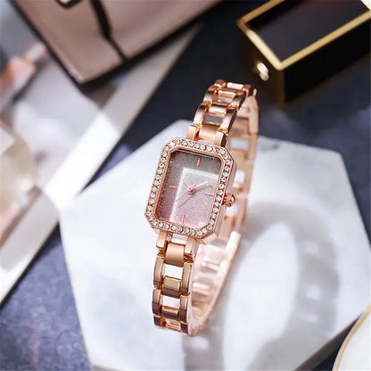 Luckacco Luxury Ladies Brand Watches Fashion Dresses Square Crystal Minimalist Design Women Quartz Watch Stainless Steel Skeleton Clock
