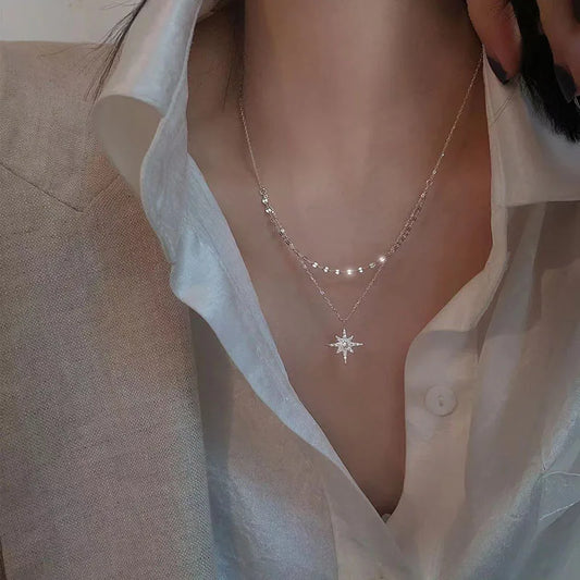 Luckacco Hot Sale 925 Sterling Silver Star Double Layer Necklace Charm Moon Pendant Choker For Women Birthday Gift Beautiful Accessories