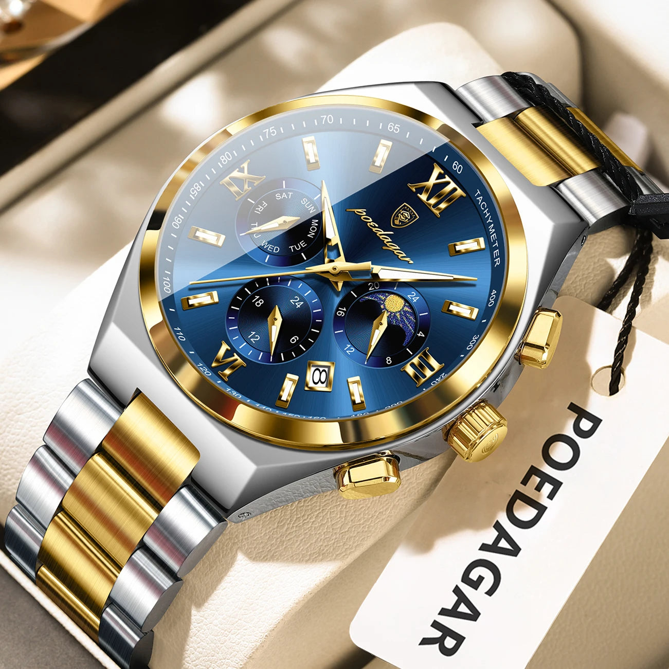 luckacco poedagar luxury sport man wristwatch original luminous week date watch for men stainless steel men's quartz watches reloj hombre
