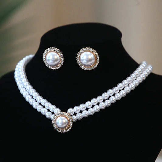 Luckacco Women Elegant Pearl Double Layers Necklace Earrings Exquisite Vintage Classic Chains For Lady Party Wedding Retro Jewelry Choker