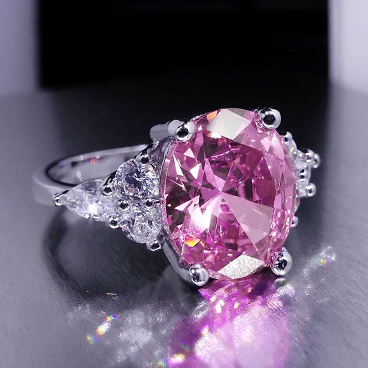 Luckacco Big Oval Stone Pink Zircon Ring Female Luxury Crystal Engagement Rings For Women Vintage Rose Gold Silver Color Wedding Jewelry