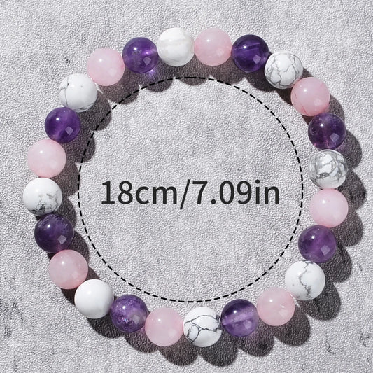 Luckacco 1pc Fashionable Aura Balancing Sleep Bracelet, 8mm Natural Stone Sleep Bracelet - White Turquoise - Amethyst - Rose Quartz