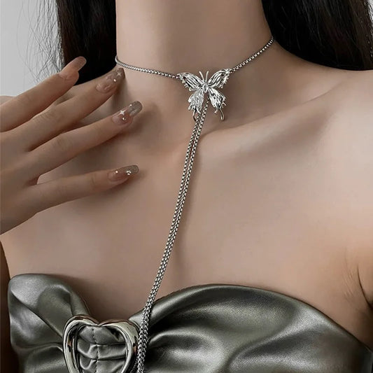 Luckacco Gothic Black Butterfly Necklace for Women Silver Color Butterfly Pendant Adjustable Snake Bone Chain Punk Hiphop Jewelry Party