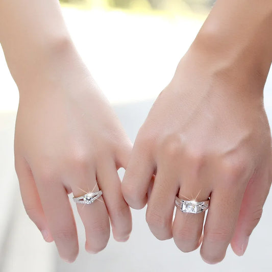 Luckacco 2Pcs/sets Geometric Love Heart Zircon Rings Paired Rings for Couple Promise Matching Wedding Ring Set Senior Designer Jewelry