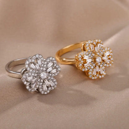 Luckacco Four Clover Rotating Anxiety Rings for Women Gold Color Adjustable Stainless Steel Wedding Ring Aesthetic Jewelry Gift anillos