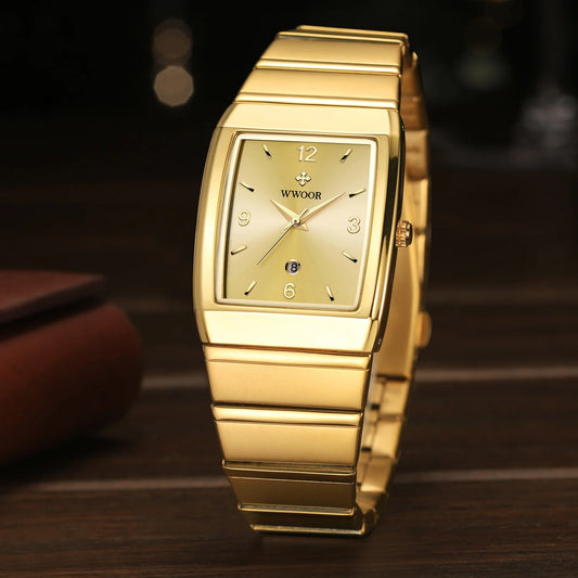 Luckacco Relogio Masculino WWOOR New Man's Square Watch For Men with Automatic Date Luxury Stainless Steel Gold Mens Quartz Wrist Watches
