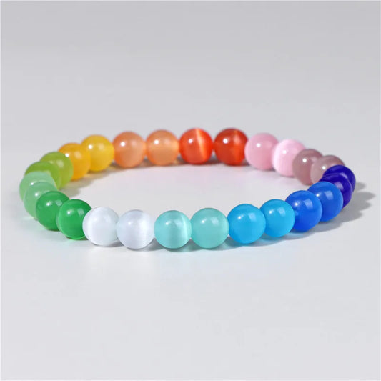 Luckacco 8mm Cat Eye Stone Beads Bracelet Fashion Natural Stone Cute Pink Chromatic Bead Bracelet Bangle for Women Jewelry Gifts Pulseira