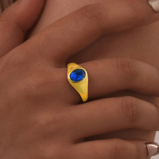 Luckacco Colorful Zircon Seal Ring For Women, 316L Stainless Steel Green Black Blue Red White CZ Rings, Gold Plated Engagement Jewelry