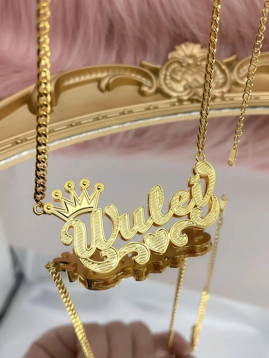 Luckacco 18K Gold Plated Nameplate Necklace Personalized Double Layer 3D Necklaces With Heart Customized Name Stainless Steel Jewelry