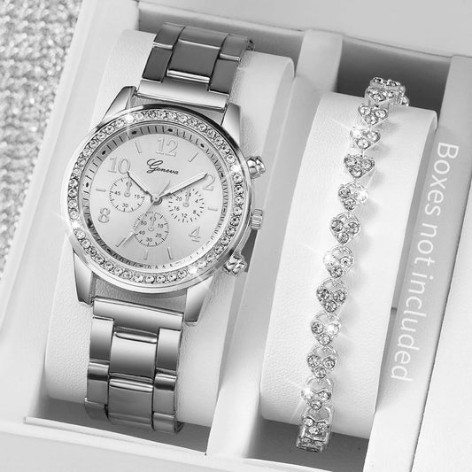 Luckacco Fashion Women Stainless Steel  Silver Color Quartz Watch & Diamond Bracelet