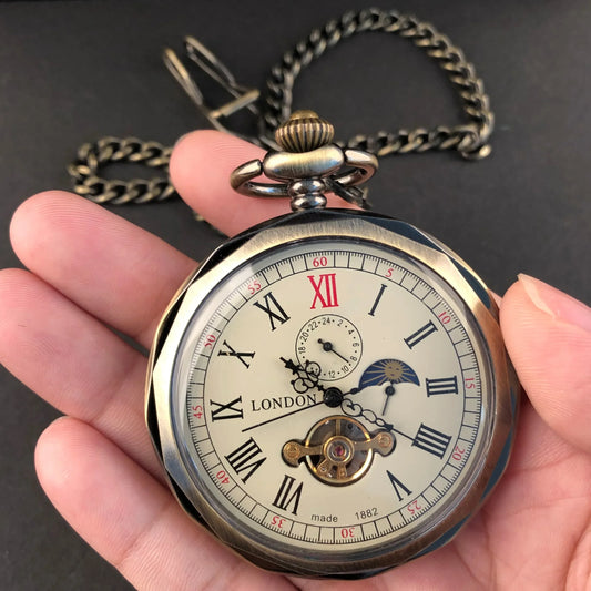 Luckacco Luxury Vintage Mechanical Pocket Watch Multifunctional Moon Hand Wind Unisex Casual Chain Fob Watches