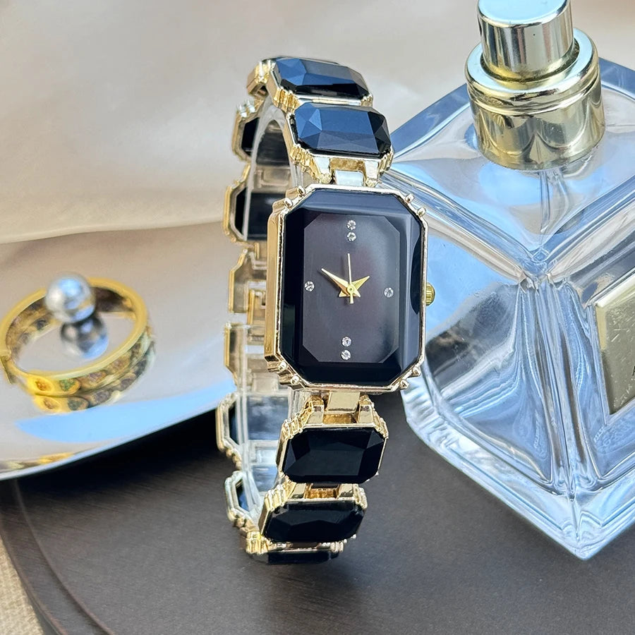 luckacco fashion women square quartz wristwatches luxury stainless steel water diamond quartz movement bracelet clock ladies watches