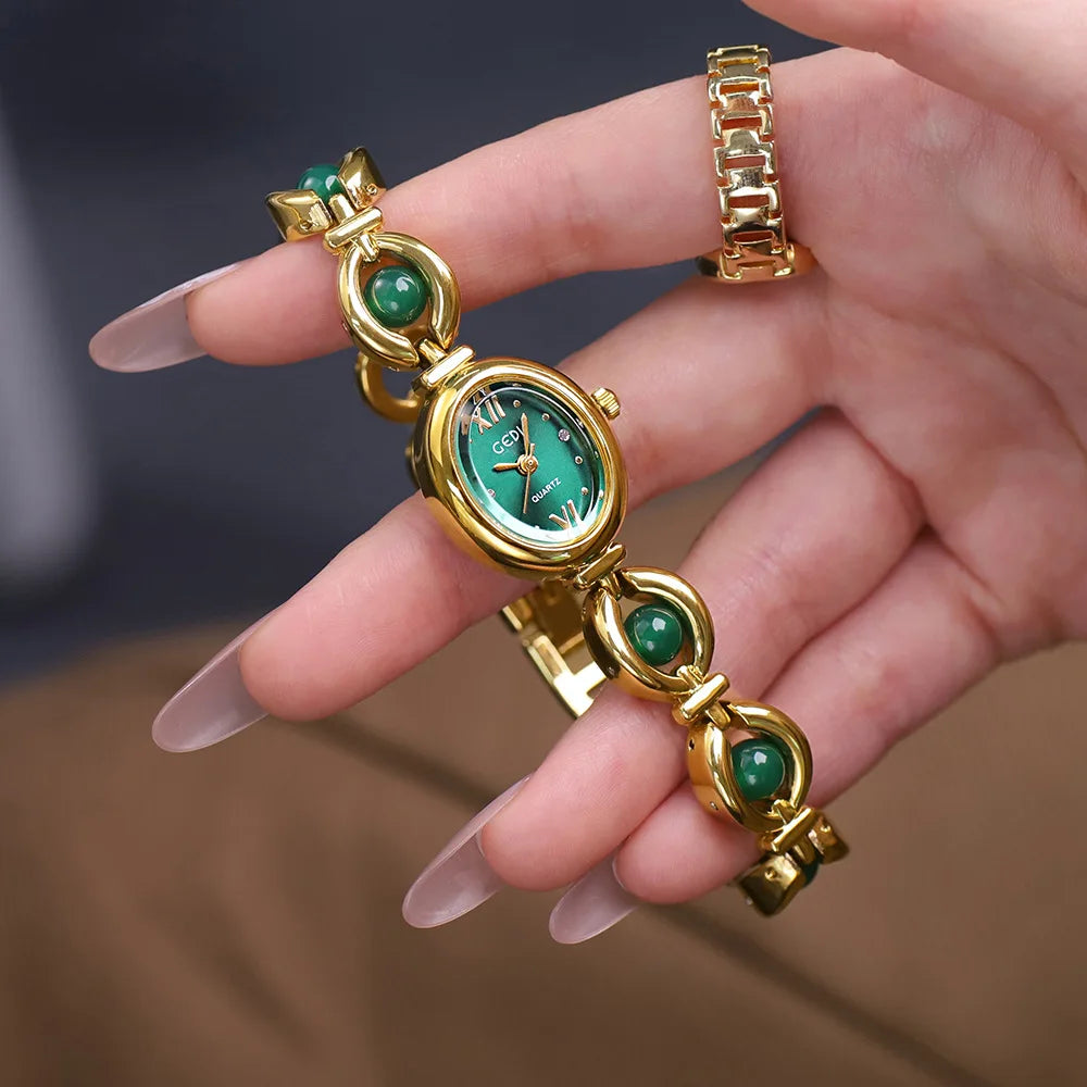 luckacco ladies watch light luxury brand national style zulu green bracelet advanced bead waterproof women fashion quartz wristwatches