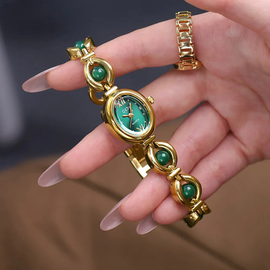 Luckacco Ladies Watch Light Luxury Brand National Style Zulu Green Bracelet Advanced Bead Waterproof Women Fashion Quartz Wristwatches