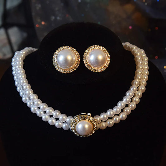 Luckacco Women Elegant Pearl Double Layers Necklace Earrings Exquisite Vintage Classic Chains For Lady Party Wedding Retro Jewelry Choker