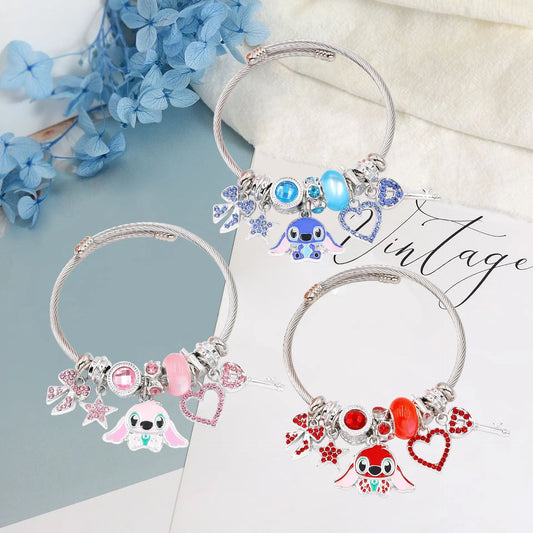 Luckacco Disney Cartoon Cute Crystal Stitch Heart Bowknot Charms Bracelets for Women Girls Stainless Steel Bangle Jewelry Gifts for Fans