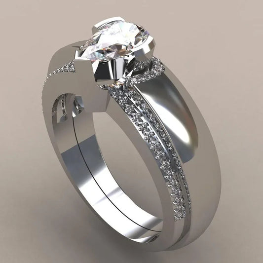 Luckacco Exquisite Women Silver Color Waterdrop Metal Inlaid White Round Zicron Stones Ring Set Wedding Engagement Rings Jewelry
