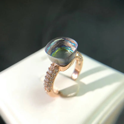 Luckacco Hot Candy Square Ring Inlay Zircon Colorful Crystal Ring For Women Party Fashion Jewelry Gold Plated Blue Topaz Ring Gift