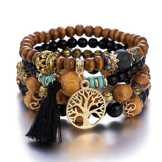 Luckacco Boho Tree Of Life Bracelet Set For Women Fashion Tassels Charm Wooden Beads Elastic Chain Bangle Girl Trendy Party Jewelry